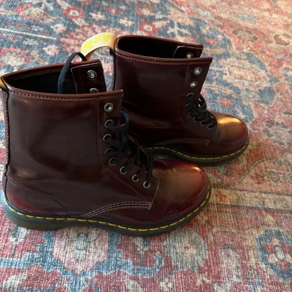 Dr. Martens Cherry Red Boots with Yellow Stitching - Picture 5 of 6